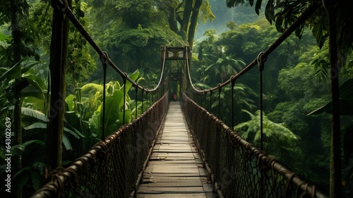 Fotografiet View of a tiny footbridge in the Costa Rican jungle, surrounded by lush, tropica