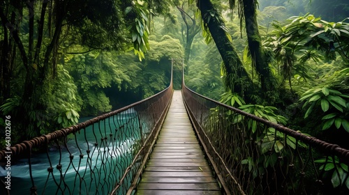 Photo View of a tiny footbridge in the Costa Rican jungle, surrounded by lush, tropica