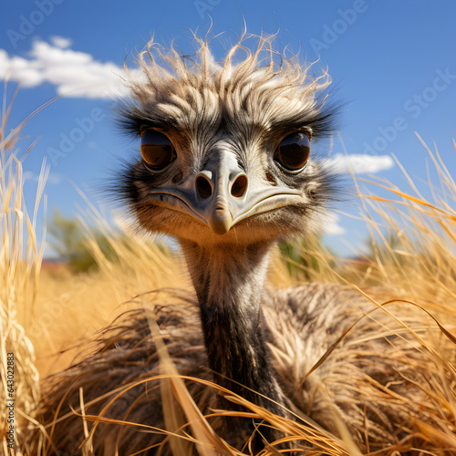 Close up of Emu bird in a field with blue sky in the background. A concept of large bird species such as Emu's and Ostriches. Generative ai. 