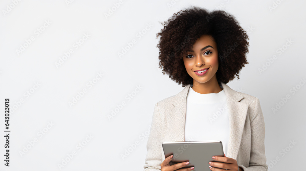 a 22 year old female afro american smiling and holding a tablet a 22 year old female afro american smiling and holding a tablet
