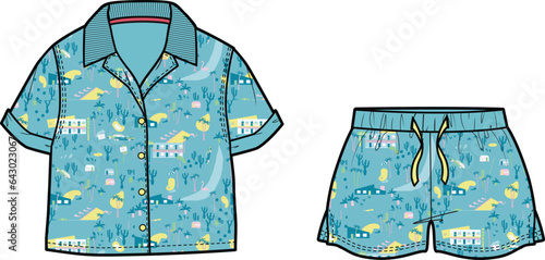 KIDS RESORT WEAR COORDINATE  SET TEE AND SHORT PAJAMA VECTOR ILLUSTRATION