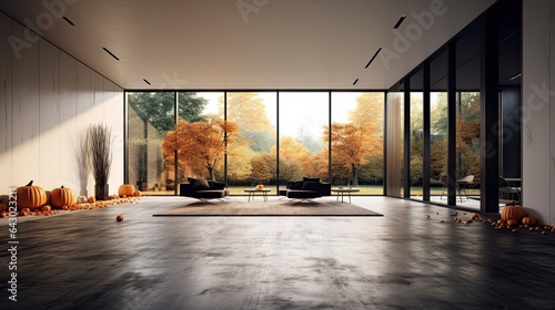 an empty living room with pumpkins on the floor and large windows looking out to autumn trees in the distance