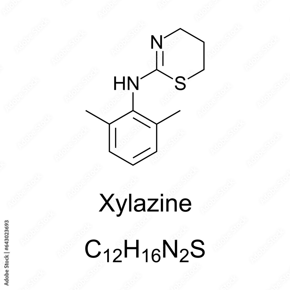 Xylazine, chemical formula and structure. Drug used for sedation, anesthesia, muscle relaxation, and analgesia in animals. Commonly used non-prescribed drug in the USA, known by the street name tranq. Xylazine, chemical formula and structure. Drug used for sedation, anesthesia, muscle relaxation, and analgesia in animals. Commonly used non-prescribed drug in the USA, known by the street name tranq.