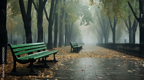 Photographie Green wooden benches at a high angle along an empty path covered with dry leaves in a misty autumn city park