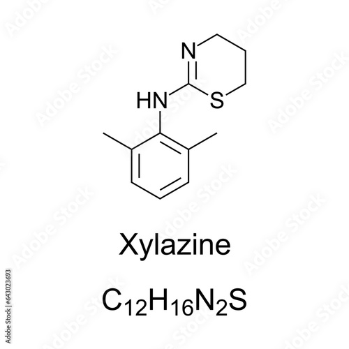 Xylazine, chemical formula and structure. Drug used for sedation, anesthesia, muscle relaxation, and analgesia in animals. Commonly used non-prescribed drug in the USA, known by the street name tranq.
