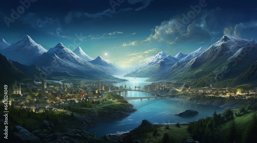 A gorgeous view of a brightly lit village with a river and bridge on the grassy edge of a lake, against the backdrop of a mountain range and the blue sky.