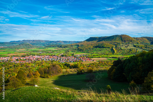 Obraz na płótnie Germany, beautiful view above swabian alb nature landscape bissingen unter teck city houses sun day autumn colorful blue sky w salonie