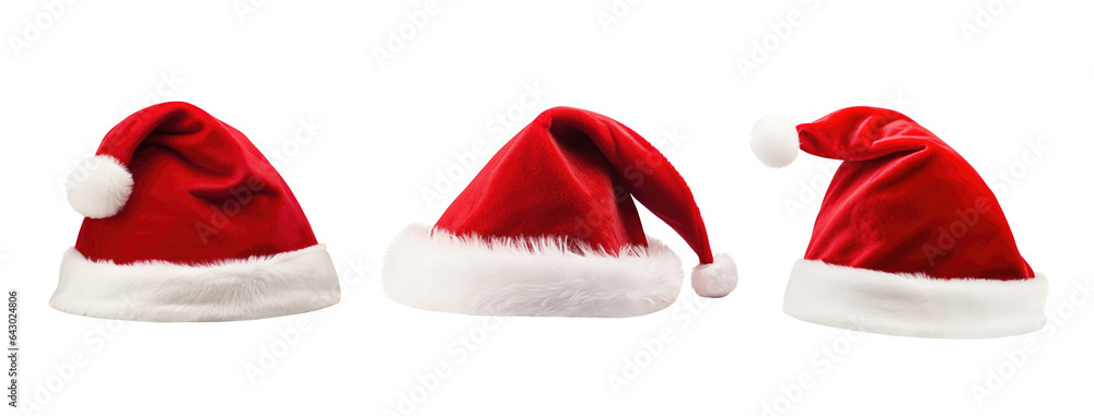 Set of red santa hats on transparent background. Generative Ai Set of red santa hats on transparent background. Generative Ai