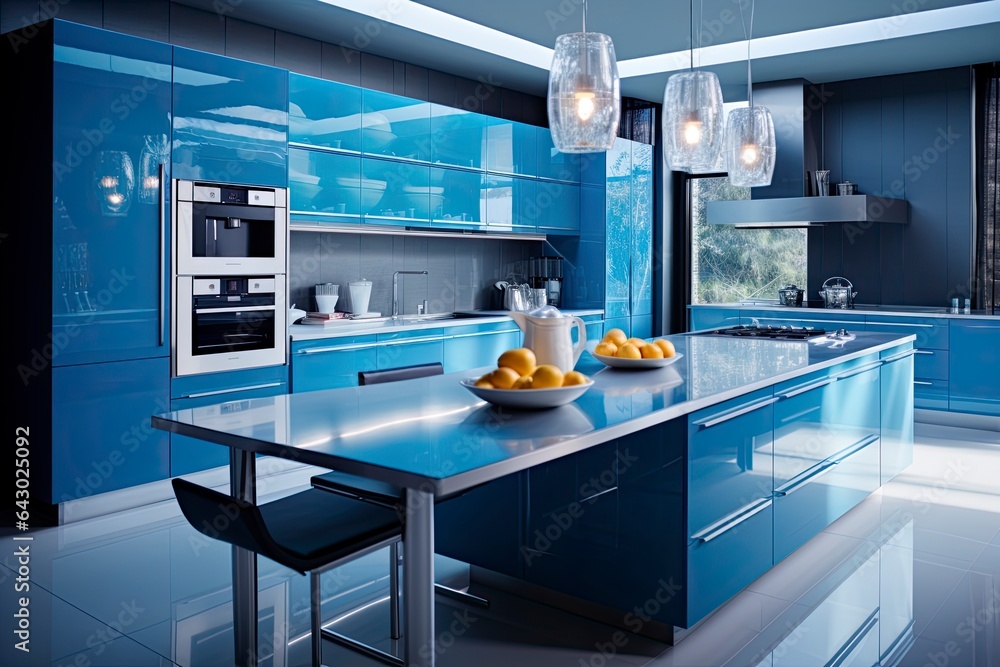 A vibrant blue kitchen with a colorful bowl of fresh fruit on the countertop created with Generative AI technology A vibrant blue kitchen with a colorful bowl of fresh fruit on the countertop created with Generative AI technology