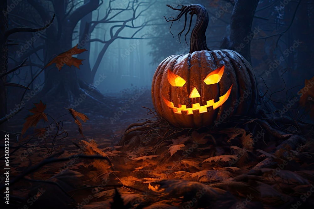 A beautifully carved pumpkin displayed in a serene forest setting created with Generative AI technology A beautifully carved pumpkin displayed in a serene forest setting created with Generative AI technology