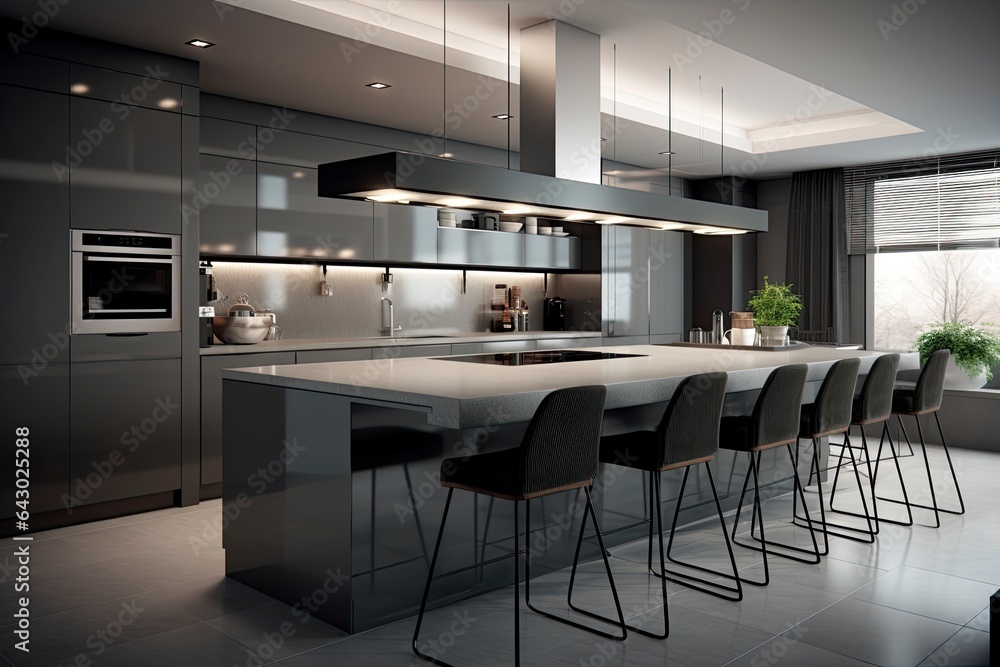 A modern kitchen with a spacious center island and trendy bar stools created with Generative AI technology