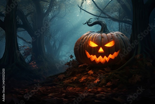 A spooky jack-o-lantern pumpkin surrounded by the enchanting autumn woods created with Generative AI technology