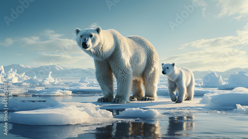a polar bear and his baby walking along a seashore 