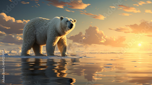 a polar bear  walking along a seashore at sunset