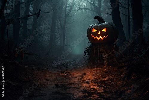 A spooky jack-o-lantern hidden in the mysterious woods created with Generative AI technology © Karlaage