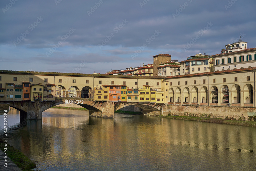 Morning view of river Arno and Ponte Vecchio in Florence, Italy	