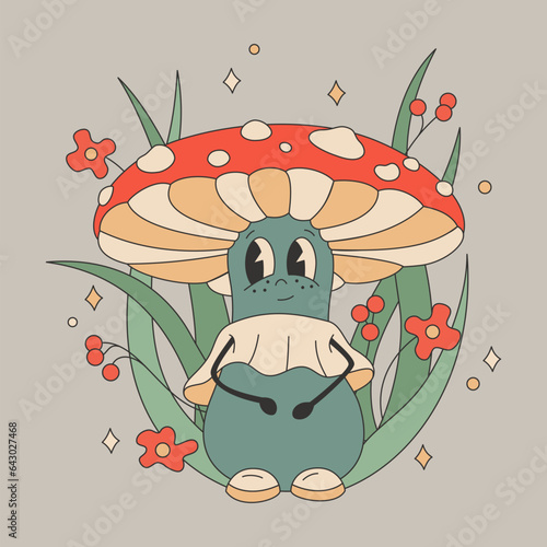 Vector color illustration of a mushroom fly agaric with eyes, herbs and flowers in the style of a groovy in the colors of the 1970s