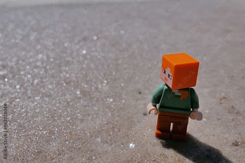 Obraz premium LEGO Minecraft figure of Alex walking on crystallic salty field, remains of fifth stage of sea salt production, looking left.