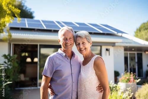 A joyful couple, radiating genuine smiles, stands with interlinked hands in front of their contemporary home, adorned with sleek solar panels. 
