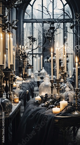 some candles on a table with black and white cloths, surrounded by branches in the background is an arched window