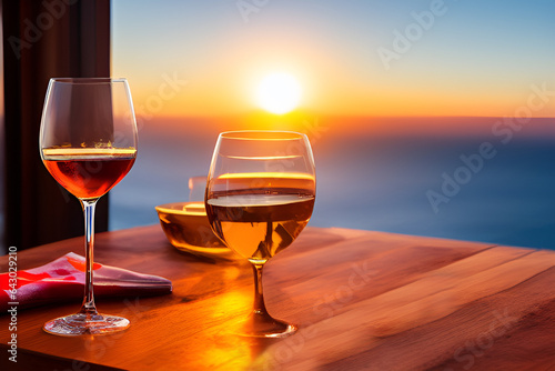 Glasses of wine on the table , with romantic sea sunset background , Generative AI