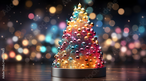 Creative decorative Christmas tree made from colorfuls balls in front of blurred colorful lights.  photo