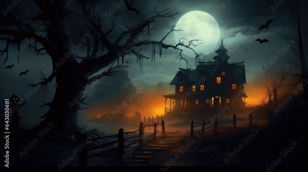 halloween night landscape with moon, chilling night, Halloween decorations