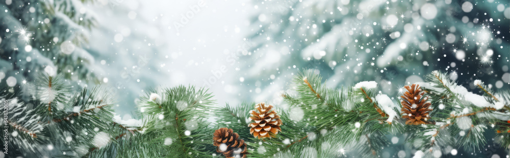 Winter panoramic background with snow-covered fir branches and snowfall flakes. Christmas banner.