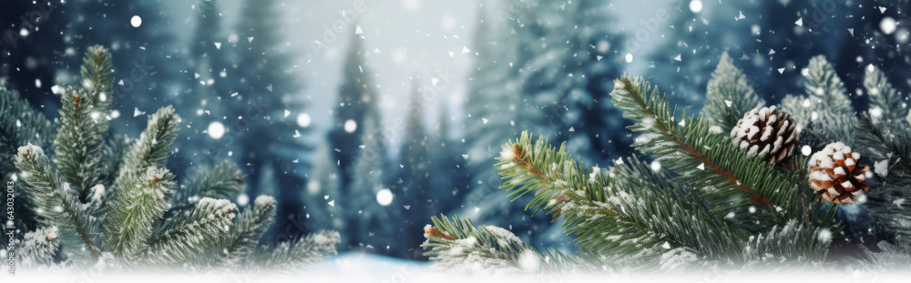 Winter panoramic background with snow-covered fir branches and snowfall flakes. Christmas banner.