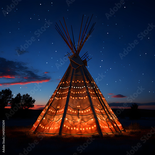 Native American teepee with stars and night sky in the background. A look into Native American culture lifestyle in America. Generative ai. 