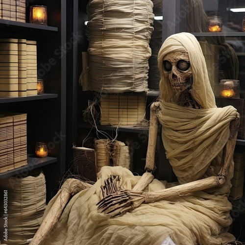 a skeleton sitting in front of a book shelf with books on it's sides and candles lit up behind