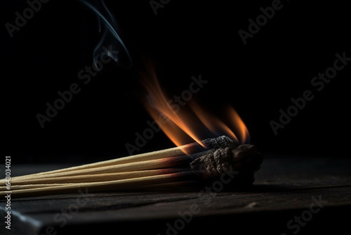 Fiery Elegance: Wooden Matches Igniting a Blaze on Black. Ai generated.
