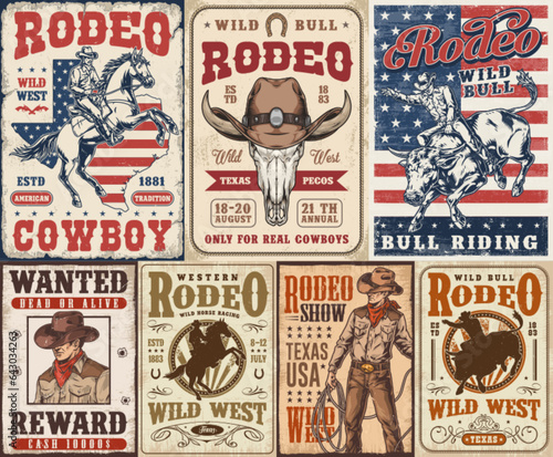 Western rodeo set posters colorful