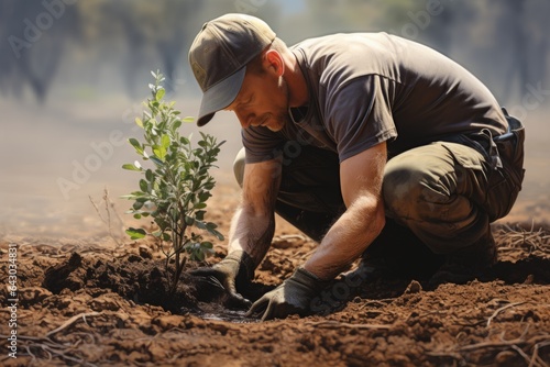 Close-up male man farmer worker gloved hands planting seeds touching soil ground gardening growth green vegetable tree plant. Landscape designer business ecology eco activist agriculture earth care