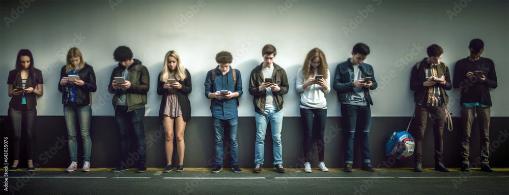 a group of young people look at a mobile phone, teenagers leaning against a wall send text messages from their smartphones. Generative Ai