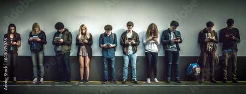 a group of young people look at a mobile phone  teenagers leaning against a wall send text messages from their smartphones. Generative Ai
