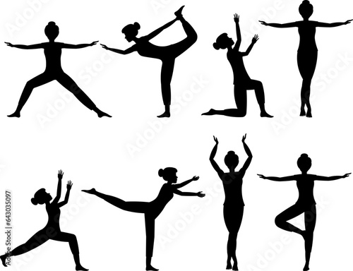 Set of gymnast poses. Silhouette. Young girl does gymnastic exercises.  Acrobatics isolated vector