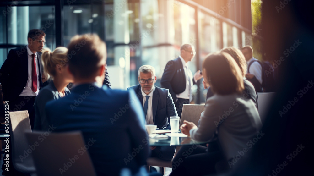Fototapeta premium businessmen communicate on the sidelines at a conference between meetings. Generative Ai
