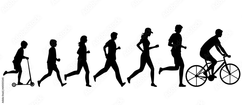 Vector silhouettes of  men, women, teenagers and children, a group of running riding a scooter and bicycle people, profile, black  color isolated on white background