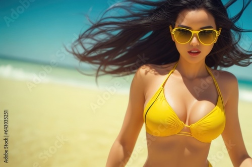 Beautiful girl wearing glasses and wearing a yellow bikini runs on the sandy beach by the sea.Generative AI