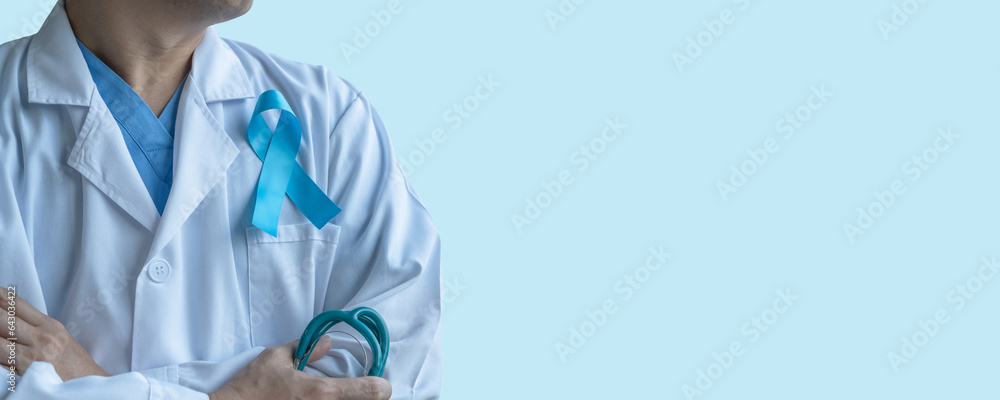 Blue ribbon for prostate cancer awareness, men's health care,  guillain-barre syndrome GBS concept with symbolic bow on doctor lab coat with blue copy space background - obrazy, fototapety, plakaty 