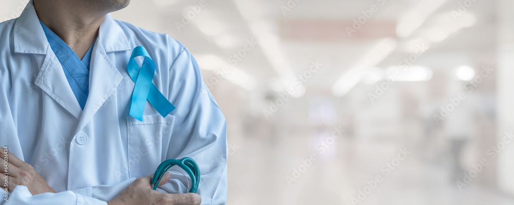 Blue ribbon for prostate cancer awareness, men's health care,  guillain-barre syndrome GBS concept with symbolic bow on doctor lab coat - obrazy, fototapety, plakaty 