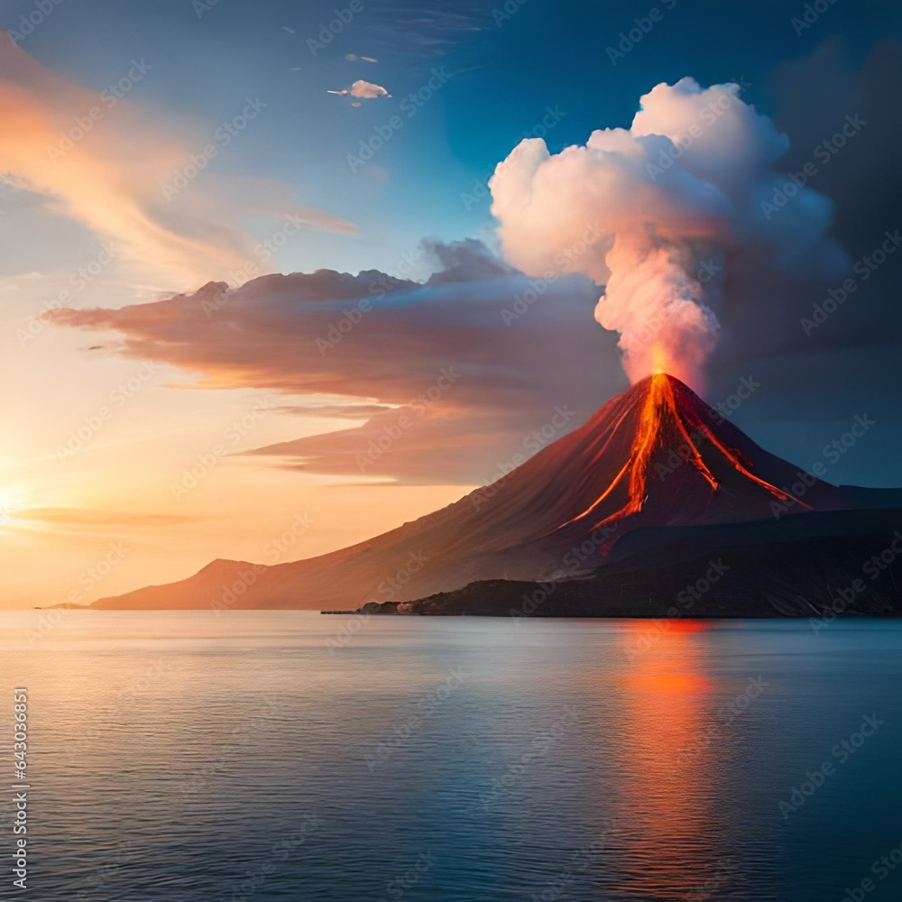 valcano eruption mountain in the middle of sea - obrazy, fototapety, plakaty 