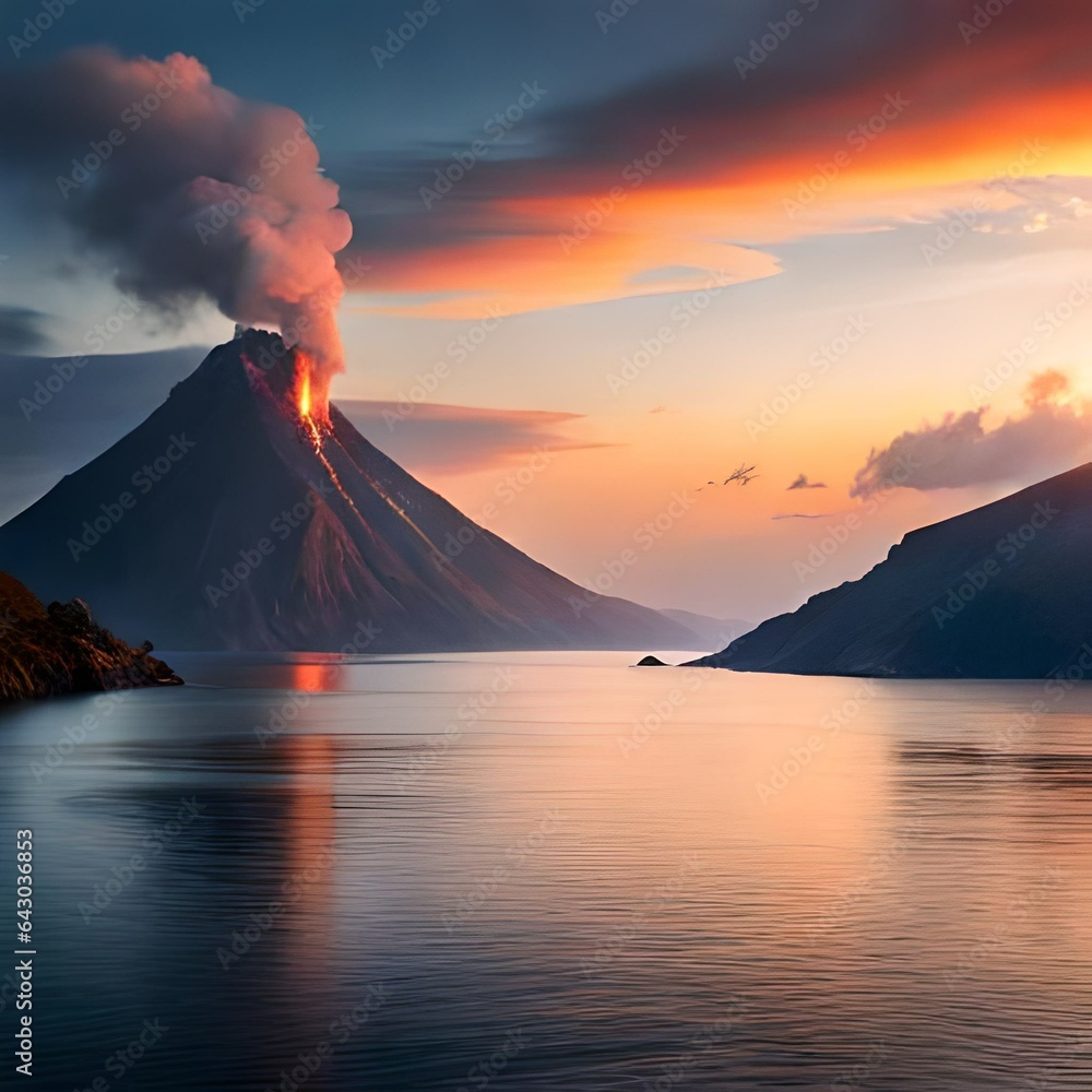 valcano eruption mountain in the middle of sea