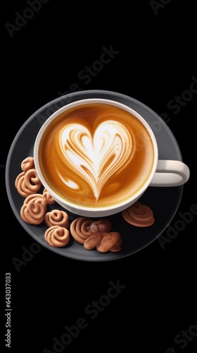 Cup of coffee with heart shape on milk foam  Isolated on a black Background with a Copy Space.