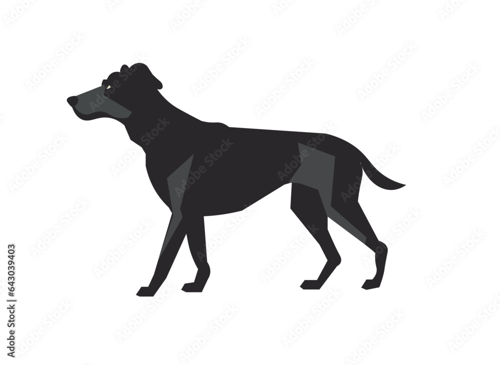 Silhouette of a black dog in profile on a white background. Vector illustration