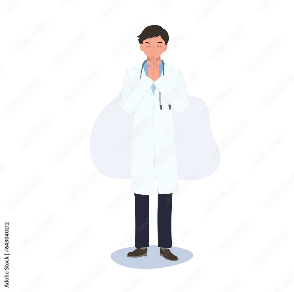 Asian Respect Sign concept. Traditional Thai Respect Gesture. Thai Sawasdee Greeting and Thank you. Male Doctor is doing thank you. Asian Respect Sign concept. Traditional Thai Respect Gesture. Thai Sawasdee Greeting and Thank you. Male Doctor is doing thank you.