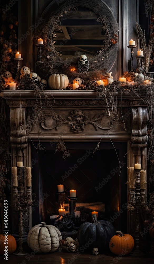 an old fireplace with candles and pumpkins on the mantle, in front of a mirror that is lit by candlelight