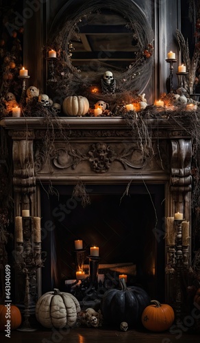 an old fireplace with candles and pumpkins on the mantle  in front of a mirror that is lit by candlelight