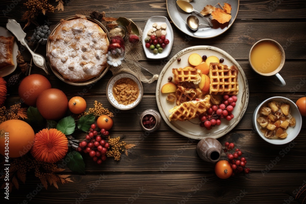 Autumn Family Brunch Set on Rustic Table for Thanksgiving. Top View with Copy Space for Breakfast and Meal Eating with Halloween Food Autumn Family Brunch Set on Rustic Table for Thanksgiving. Top View with Copy Space for Breakfast and Meal Eating with Halloween Food